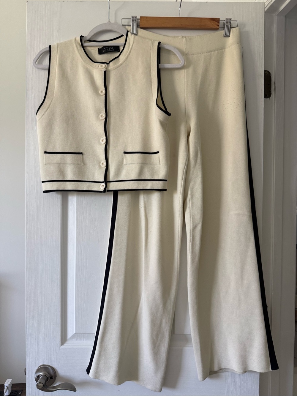 ATIK Cream Black Contrast Knit Vest Wide Leg Pants Set S
